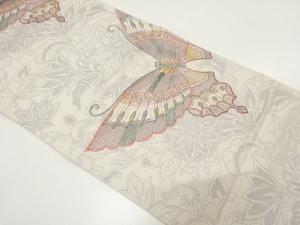 蝶に草花模様織り出し　名古屋帯